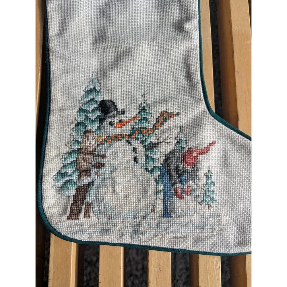 Vintage Cross Stitch Needlepoint Stocking Country Christmas Scene Snowman Child